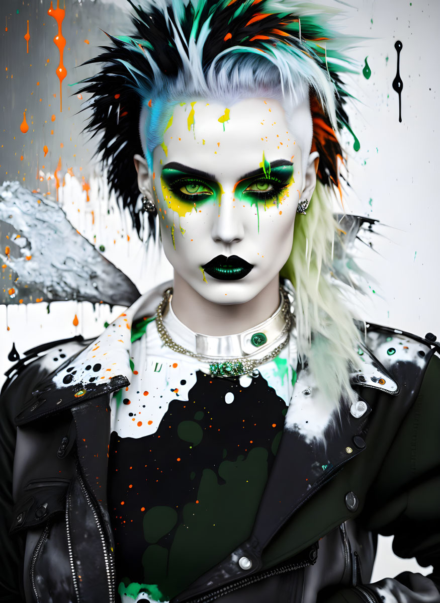 Vivid punk-inspired makeup and hairstyle with splatter effects and leather jacket