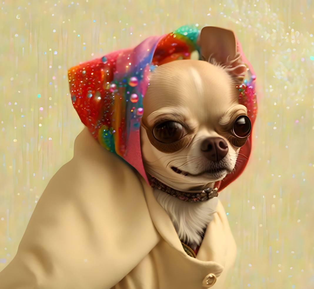 Chihuahua wearing colorful hood and sunglasses with water droplets