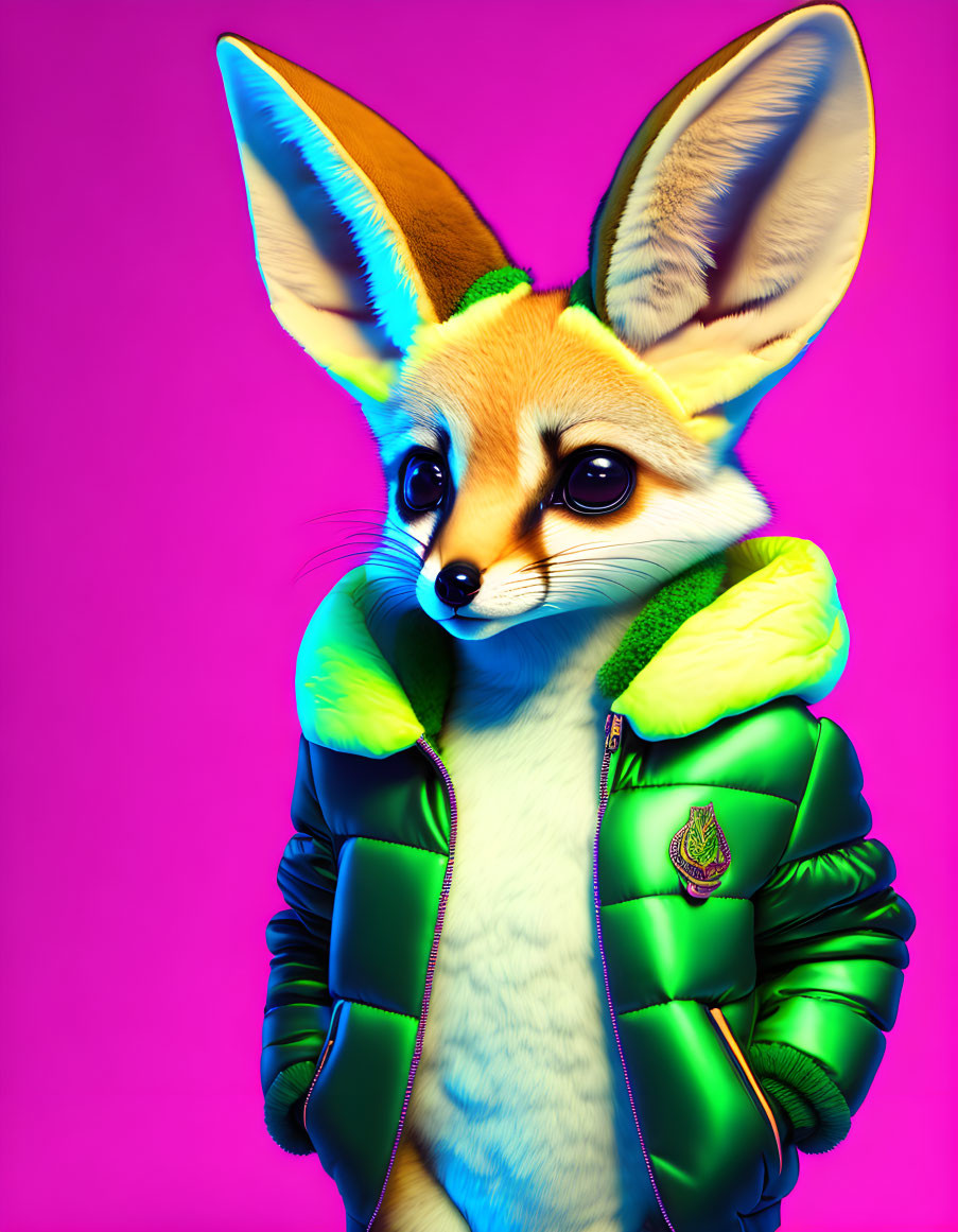 Anthropomorphic fennec fox in green jacket on vibrant background