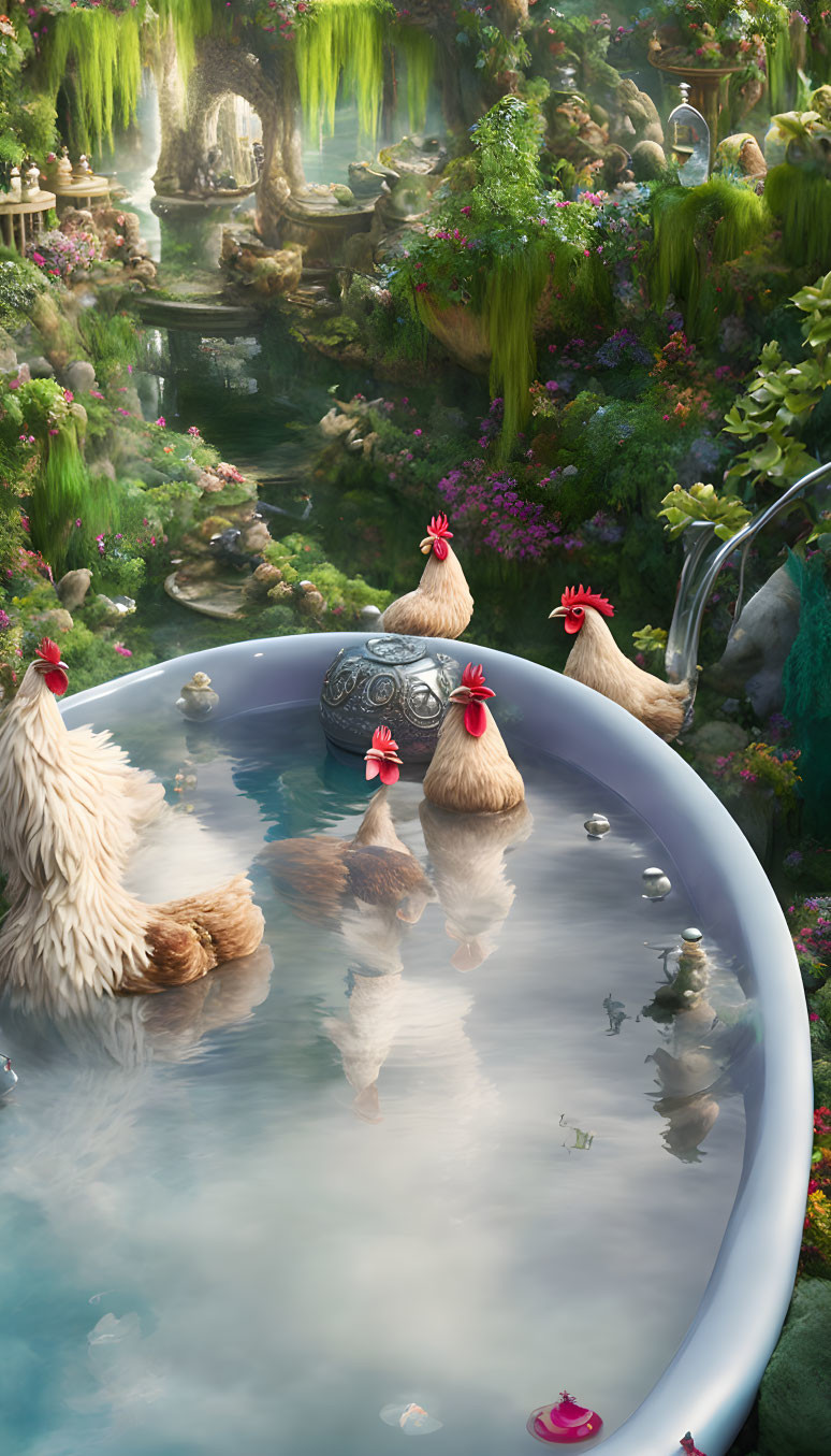 Chickens in hot tub surrounded by lush garden and waterfalls