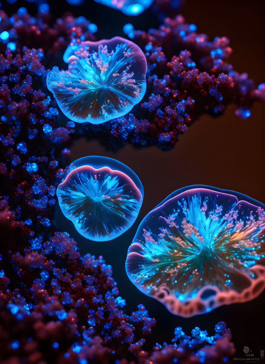 Bioluminescent jellyfish-like creatures in dark setting with blue and orange glow