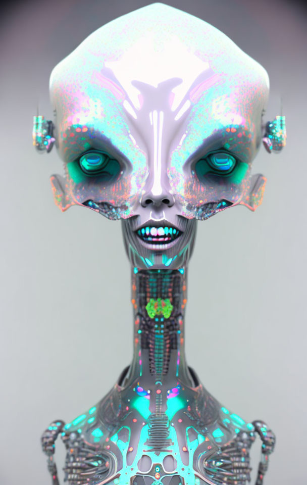 Futuristic robot with alien-like head and turquoise eyes, iridescent skin, mechanical neck,