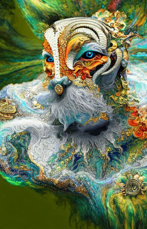 Colorful surreal portrait of a fantastical figure with multiple eyes and intricate details