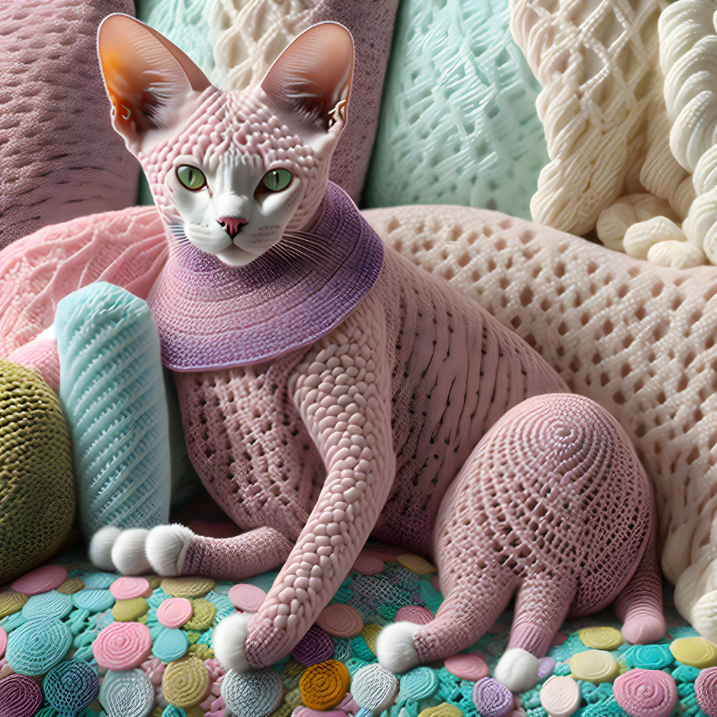 Textured Knitted Sphynx Cat with Pink Scarf and Pastel Knitted Decor