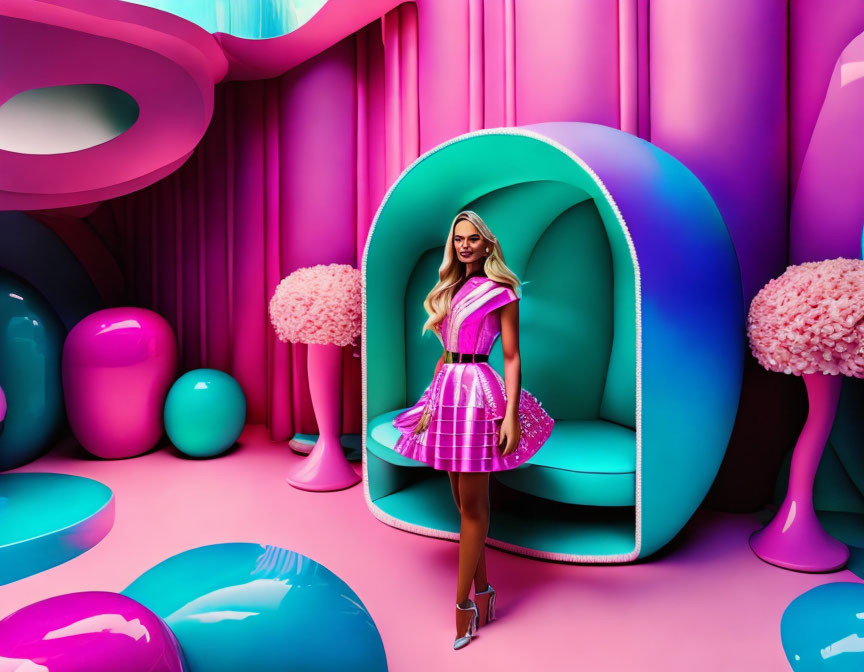 Stylish woman in vibrant pink and blue surreal room