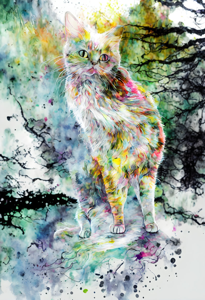 Colorful watercolor painting of a cat on abstract background