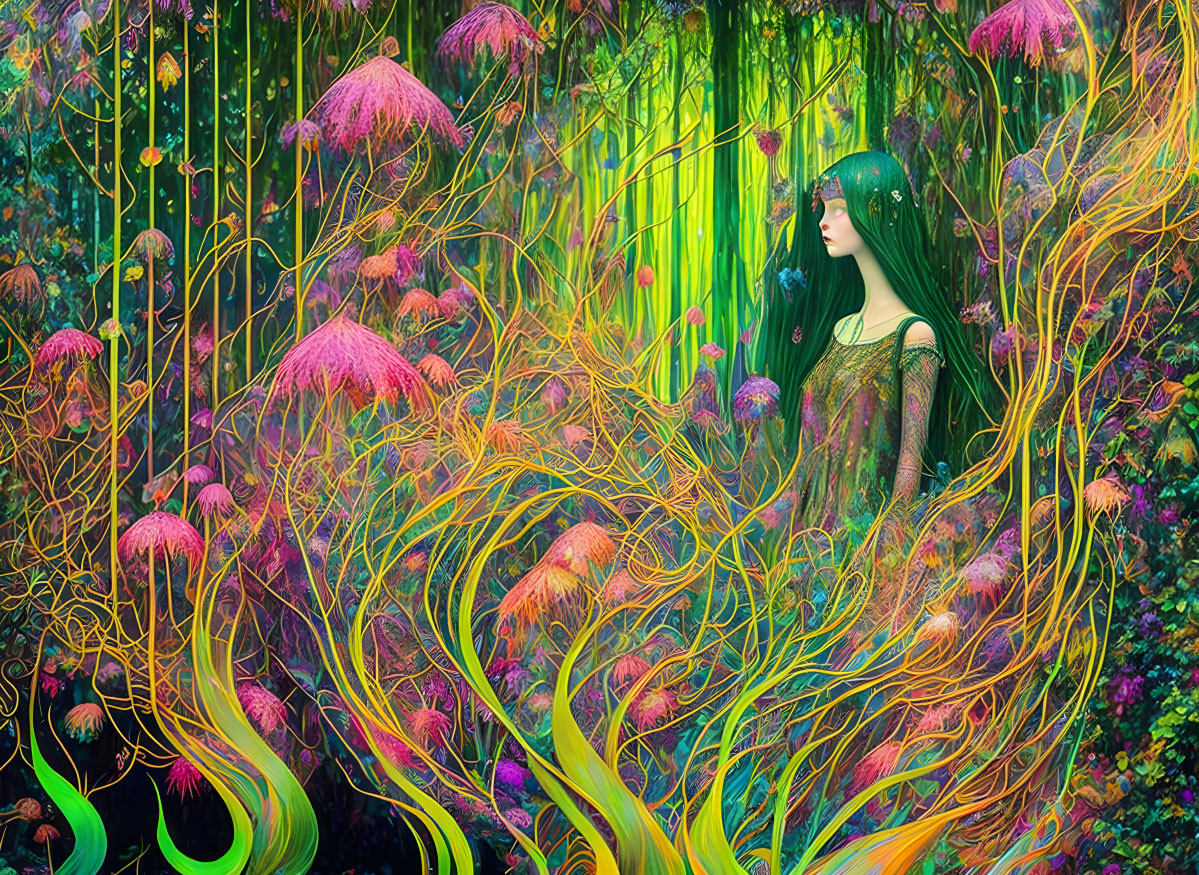 Fantasy illustration: Woman with dark hair in mystical forest with fluorescent plants.