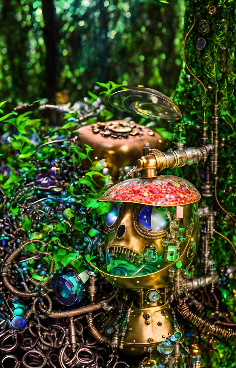 Intricate steampunk sculpture with metallic details and colorful beads on green background