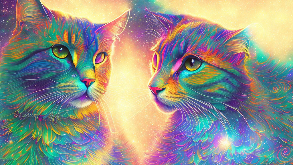 Colorful Digital Artwork: Two Cats with Multicolored Fur in Cosmic Setting