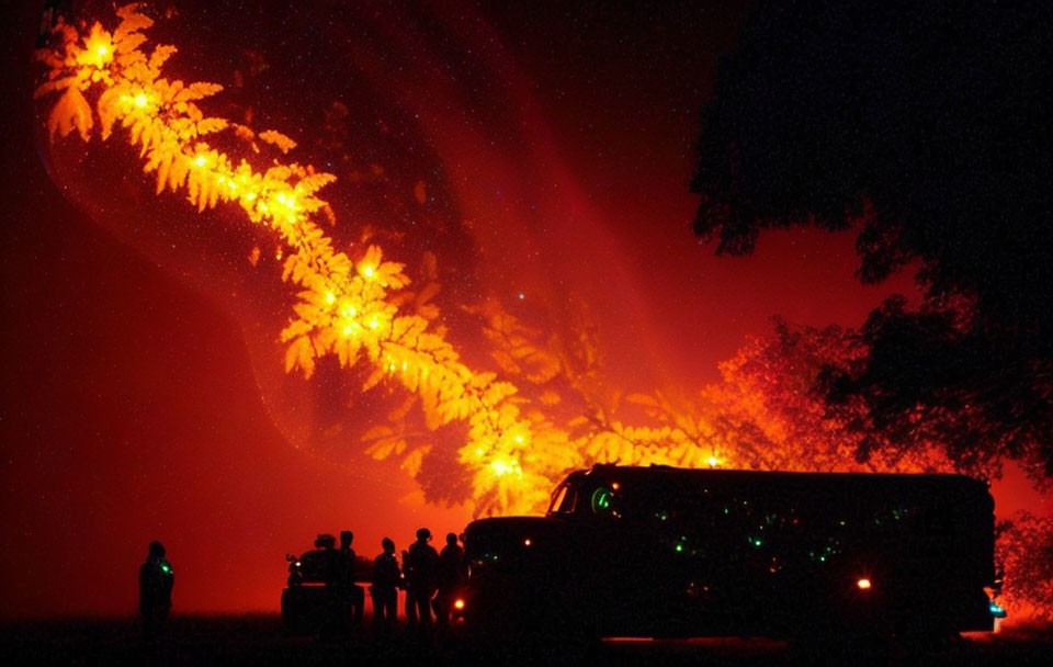 Nighttime fire scene with silhouettes of people and vehicle under reddish sky.