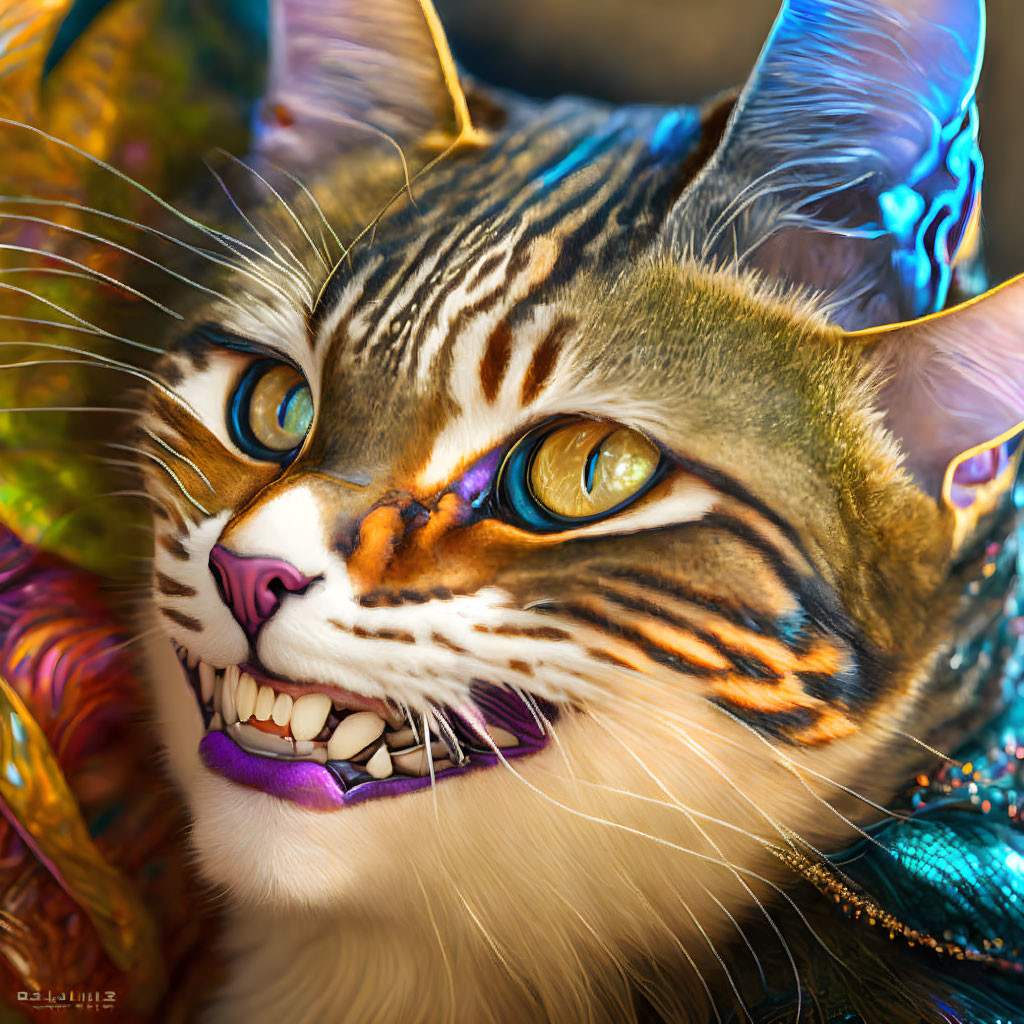 Colorful Cat Artwork with Human-like Eyes and Butterfly Wings