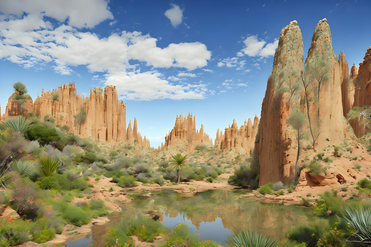 Eroded Sandstone Spires in Desert Oasis Landscape