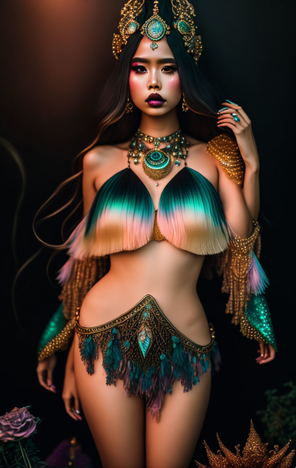 Colorful Fantasy Attire and Jewelry on Woman against Dark Background