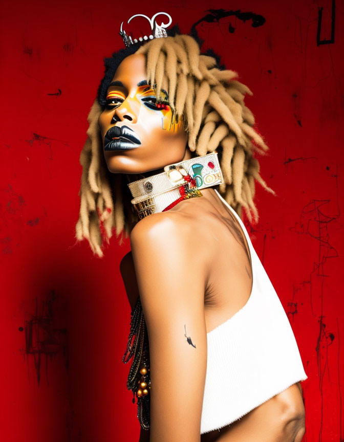 Vibrant yellow and blue makeup on woman with dreadlocks against red backdrop