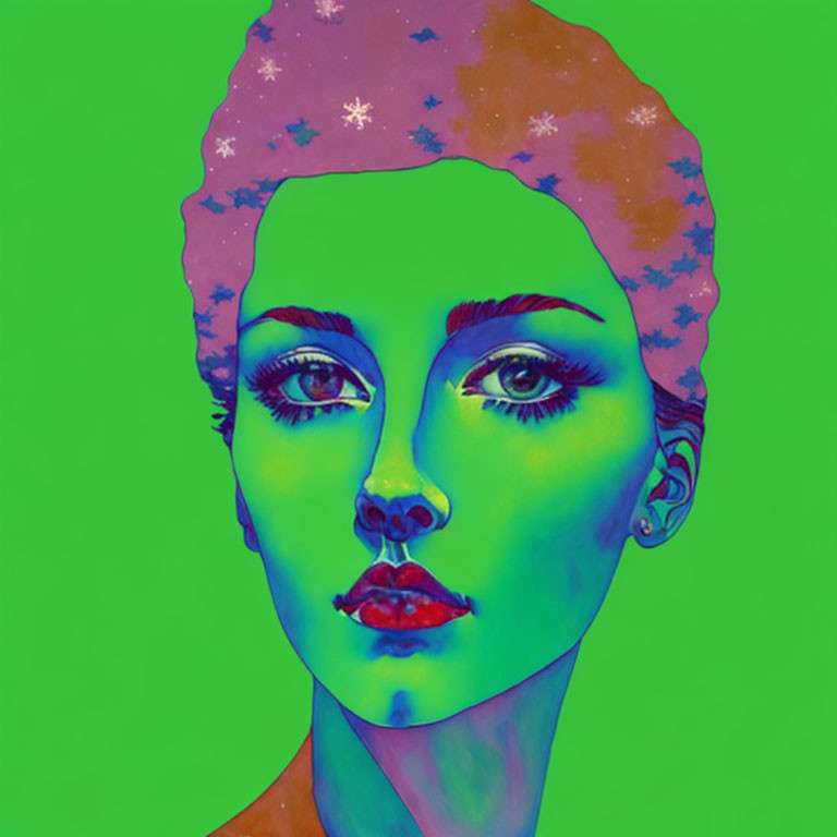 Colorful portrait of a person with green skin, pink hair, snowflake accents, and red lips