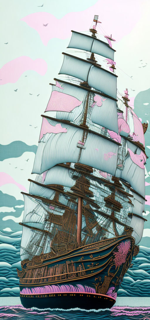 Stylized tall ship sailing on wavy blue seas with pink clouds