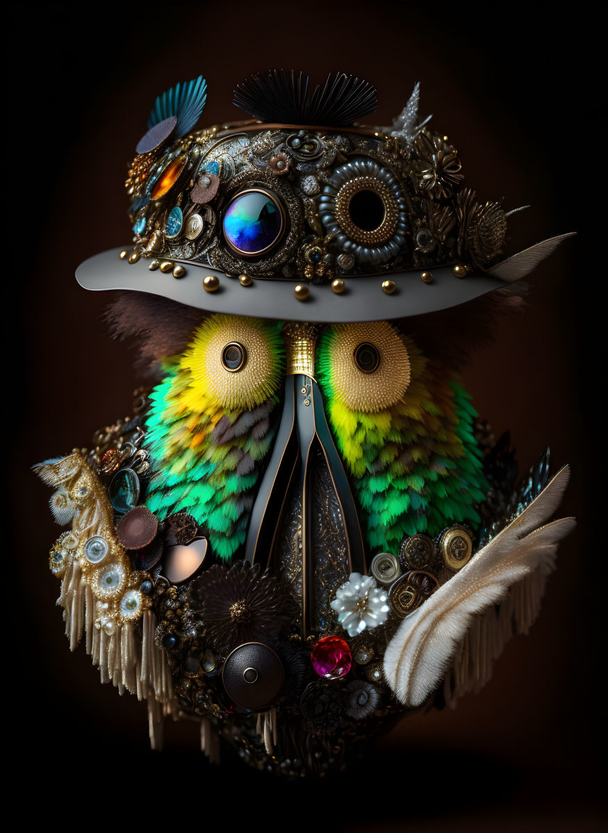 Steampunk owl sculpture with gears, feathers, and jewels