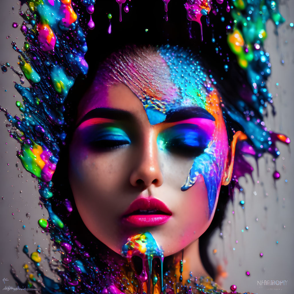 Vibrant multicolored paint dripping on woman's face in artistic makeup concept