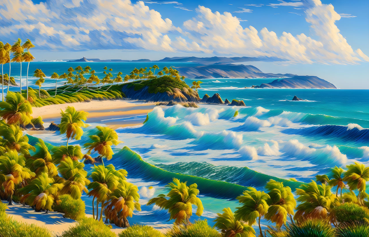 Tropical Beach Scene with Palm Trees and Rolling Waves