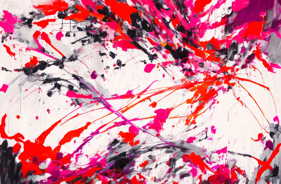 Dynamic Abstract Painting with Black, Red, and Pink Splashes