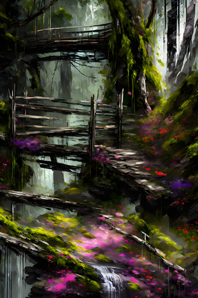 Vibrant forest scene with wooden bridges, waterfalls, and colorful flora