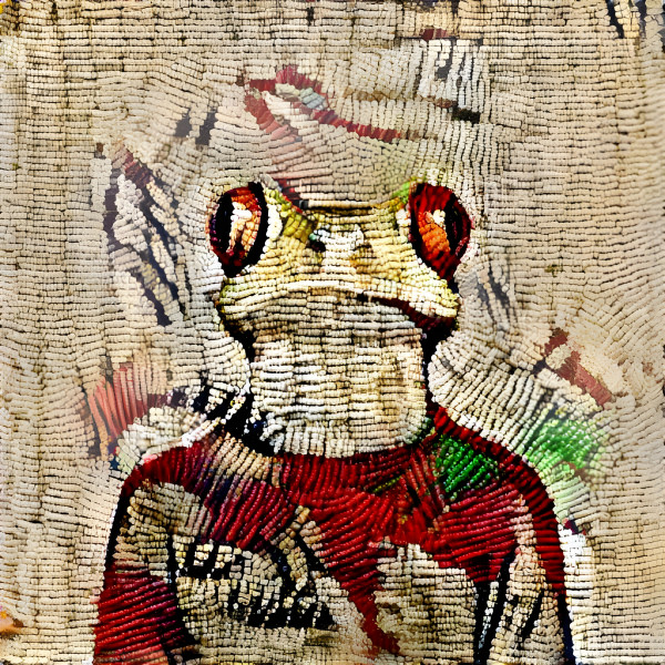 frog wearing sweater, embroidery, beige, red