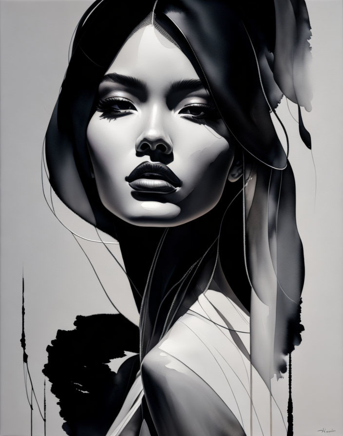 Monochromatic portrait of a woman with long hair and captivating gaze, set against abstract black ink strokes