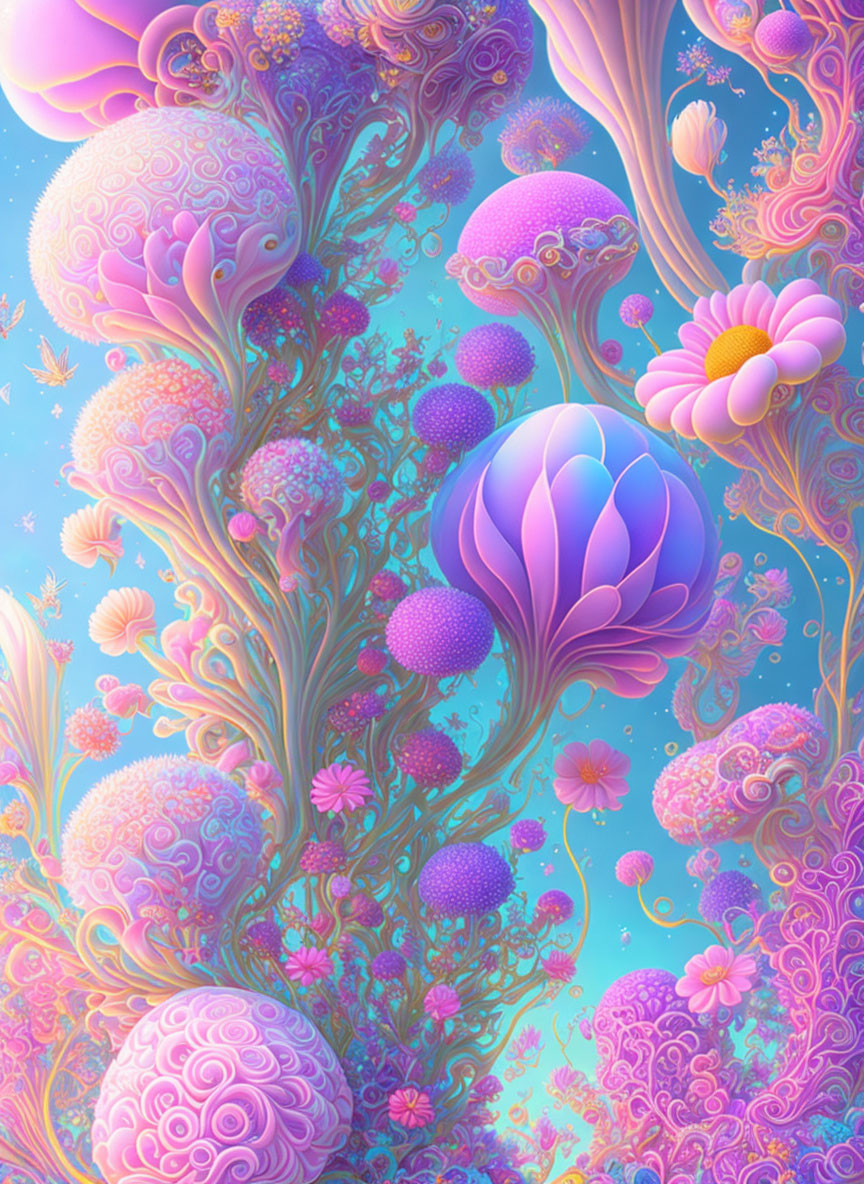 Fantastical underwater scene with coral structures and jellyfish