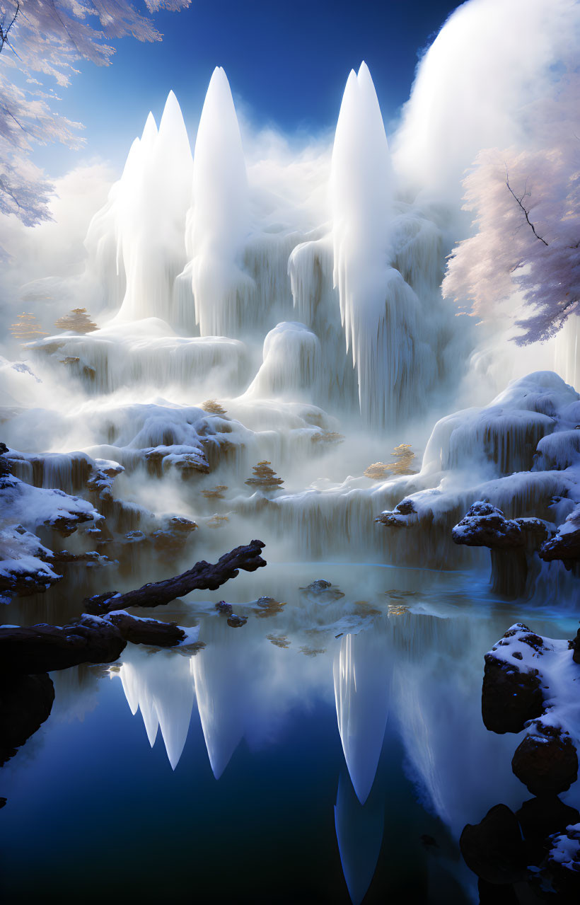 Winter Landscape: Icicles, Frozen Waterfalls, Still Waters, Snow-Dusted Trees