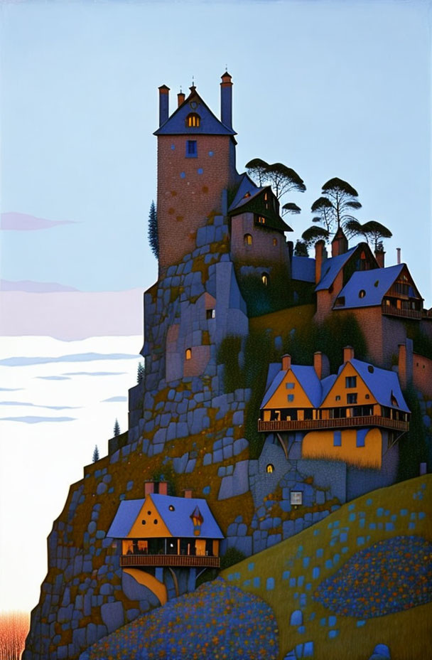 Illustration: Castle on rocky hill with pine trees and houses under twilight sky