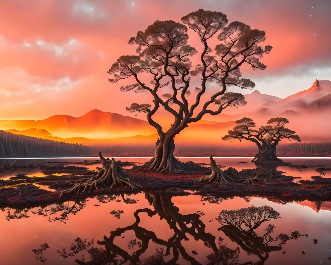 Majestic trees and mountains reflected in serene lake at sunset