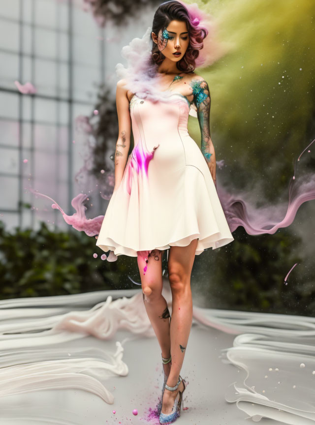 Woman in White Dress with Tattoos in Swirling Smoke and Spilled Paint