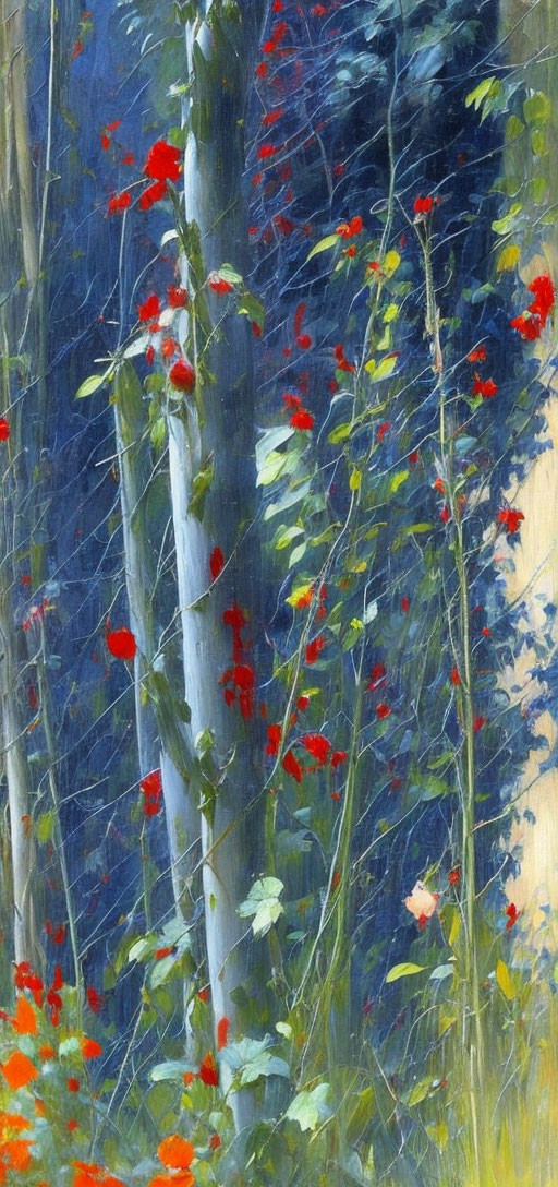 Serene forest scene with slender tree trunks and red flowers