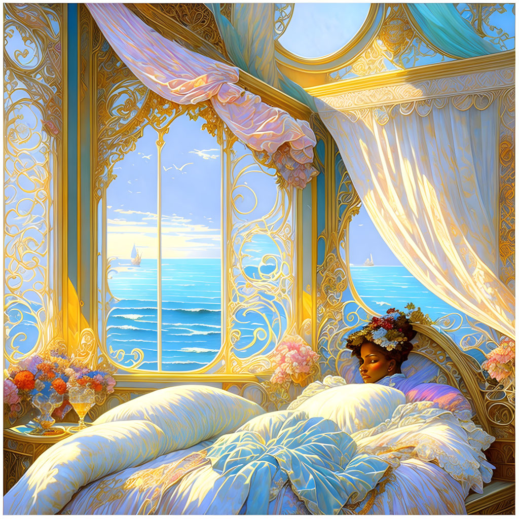 Luxurious Bedroom Overlooking Ocean with Young Girl and Flowers