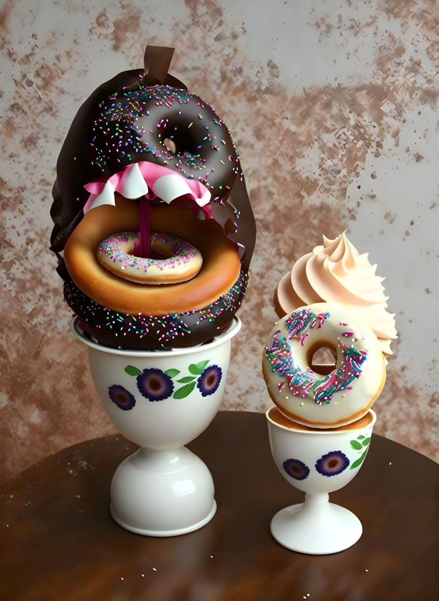 Colorful donuts and meringue eggcup display on mottled backdrop