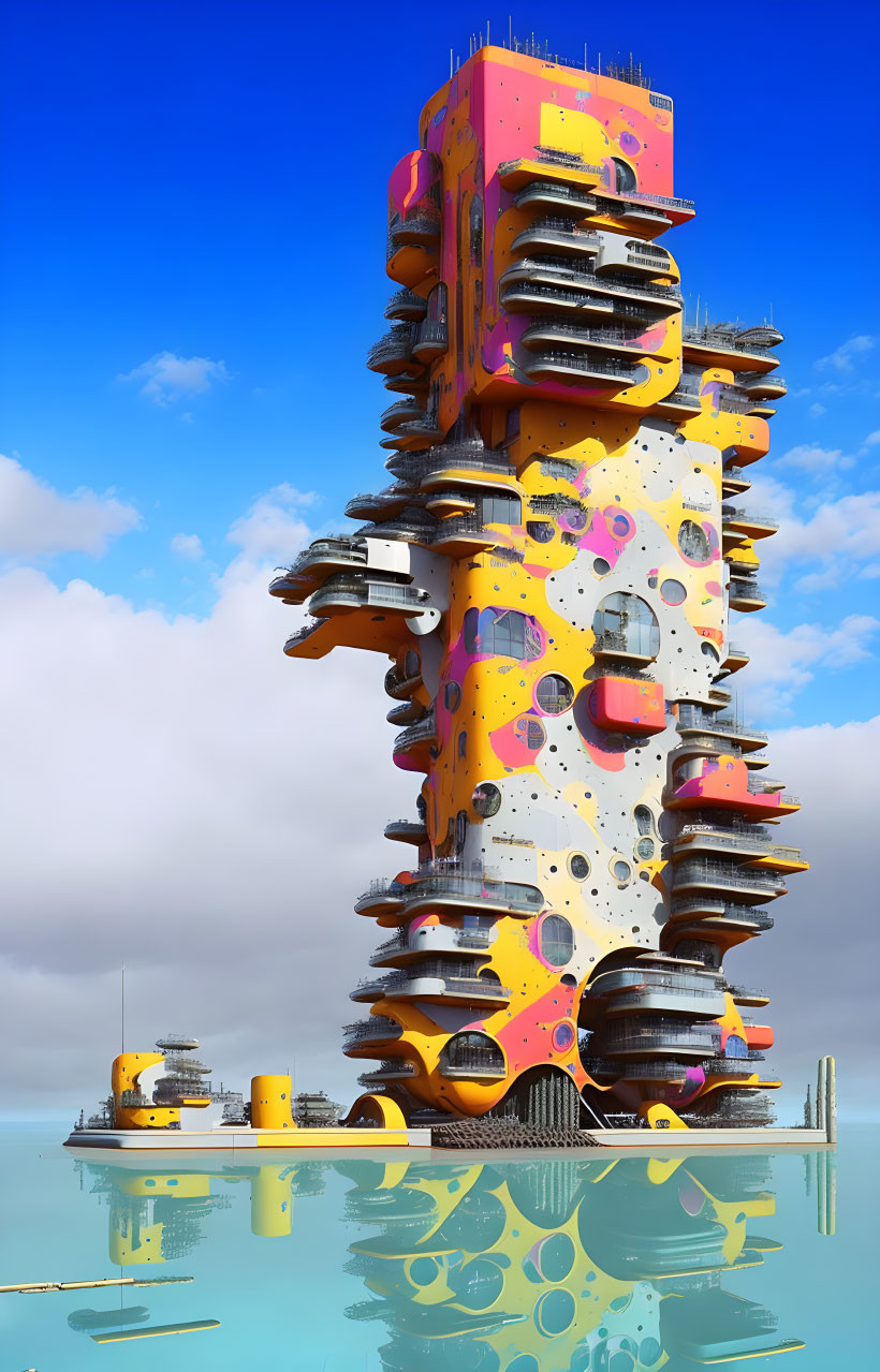 Colorful futuristic high-rise building with balconies and abstract patterns by water under blue sky