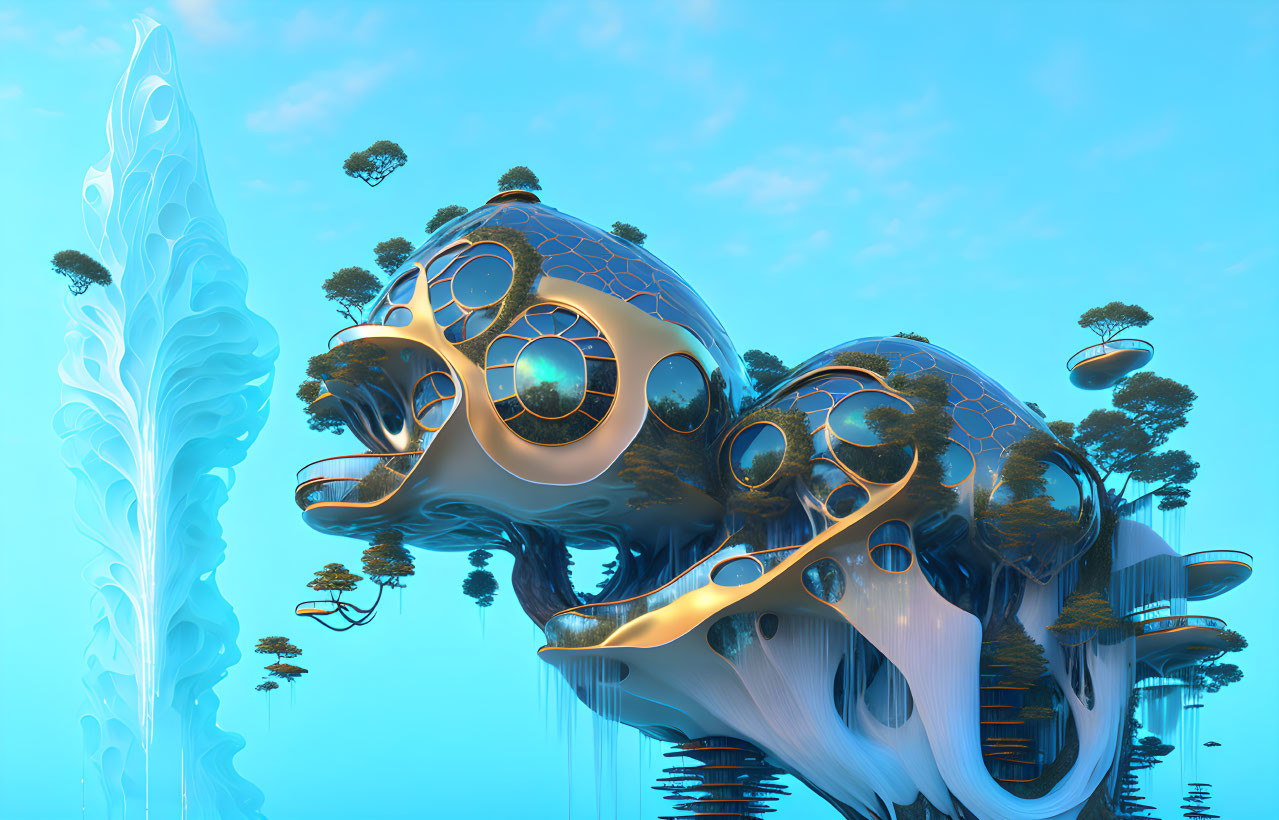 Surreal futuristic landscape with floating blue and gold structures