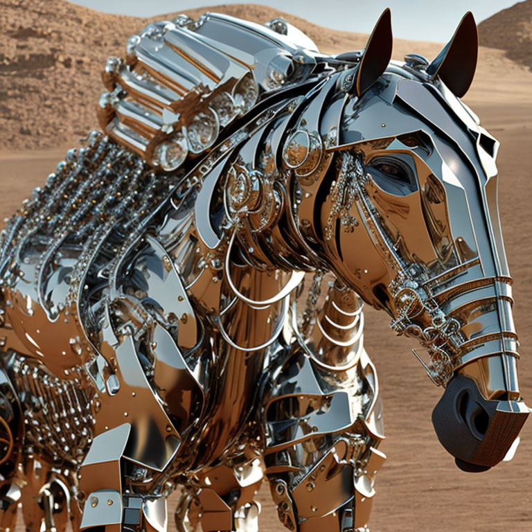 Metallic Horse Sculpture with Intricate Details in Desert Setting