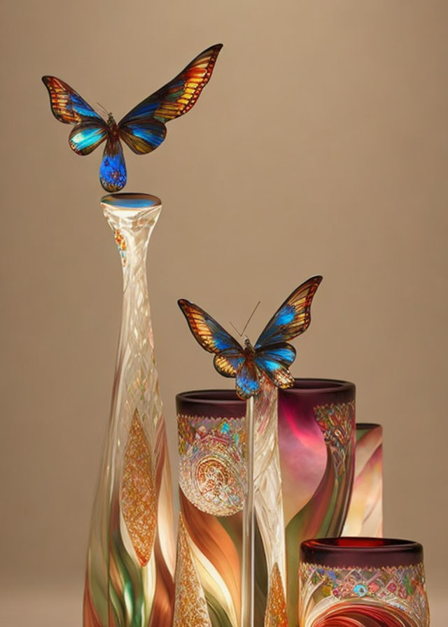 Vibrant blue butterflies on elegant glassware with intricate patterns