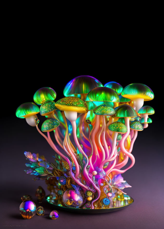 Colorful Digital Artwork: Iridescent Multicolored Mushrooms