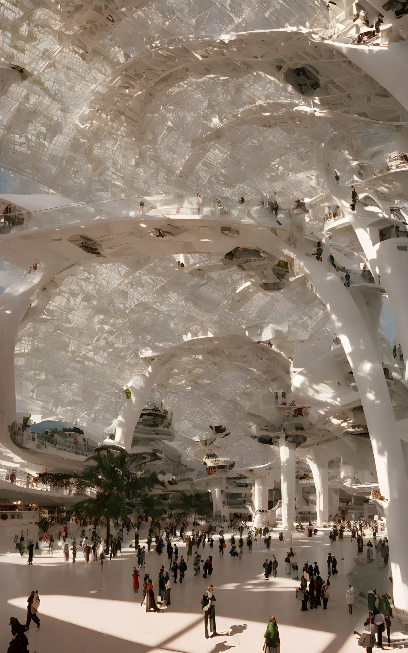 Spacious futuristic interior with reflective ceiling and swirling white pillars