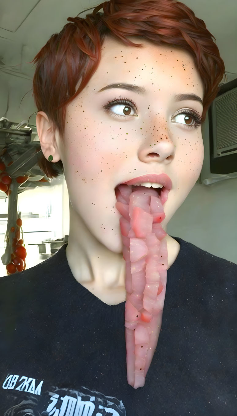 Short-haired person with freckles and long tongue in surprised expression