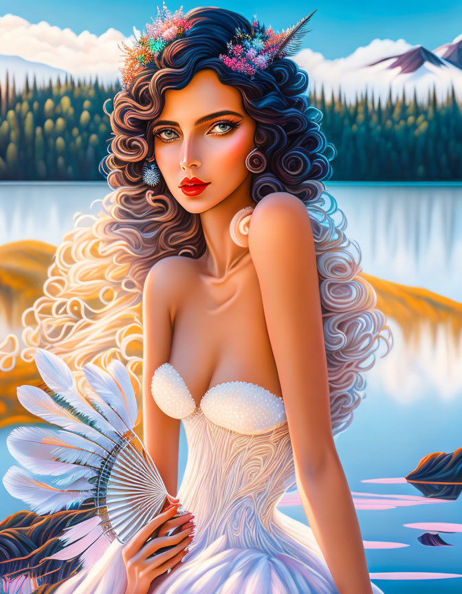 Illustration of woman with curly hair and fan by serene lake and mountains