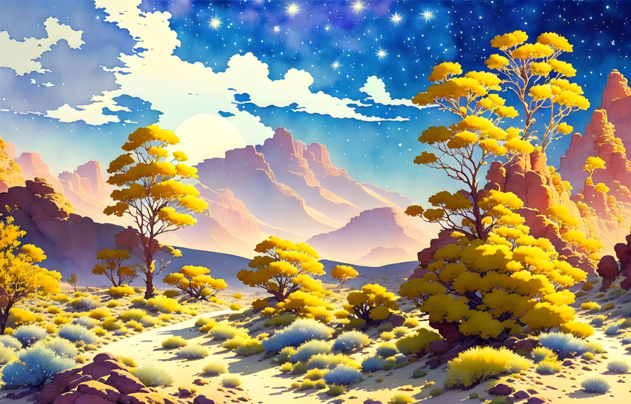 Fantastical desert landscape with yellow flora and red rock formations