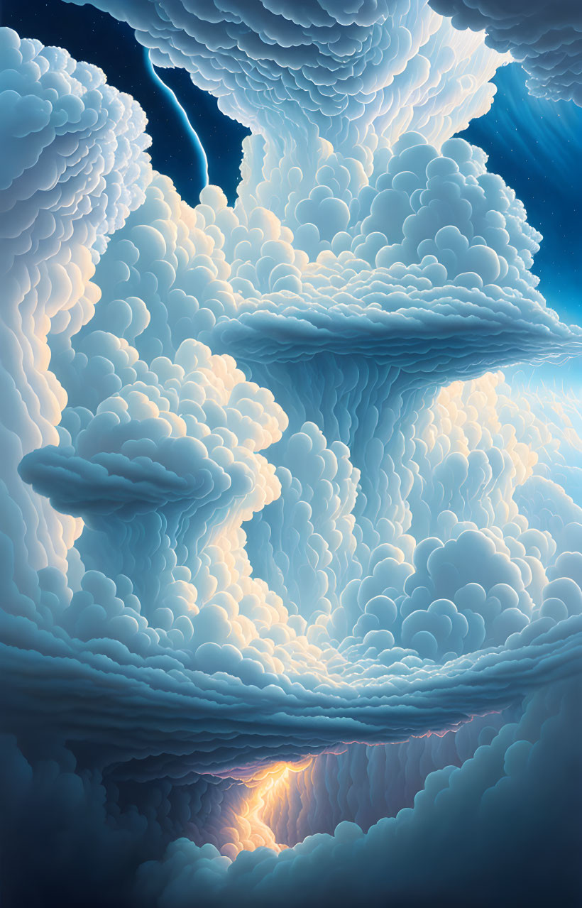 Surreal skyscape with towering cumulus clouds and star-studded night sky