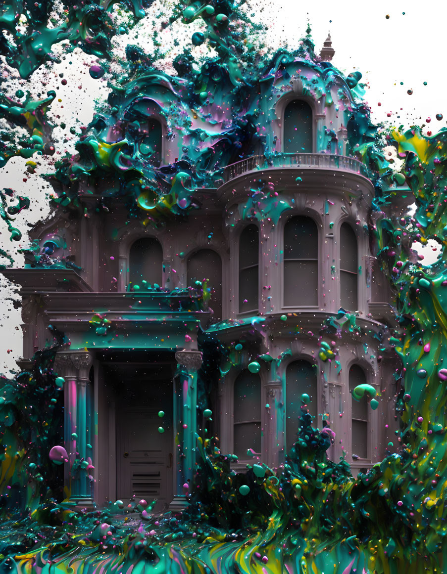 Colorful liquid splashes swirl around classic building in surreal image