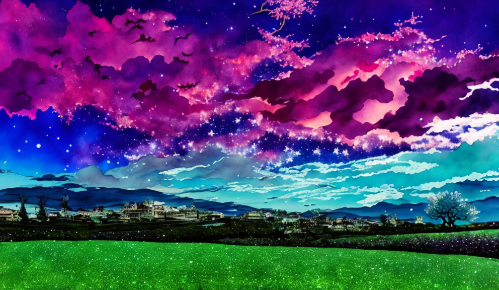 Whimsical night sky digital artwork with vibrant clouds and stars