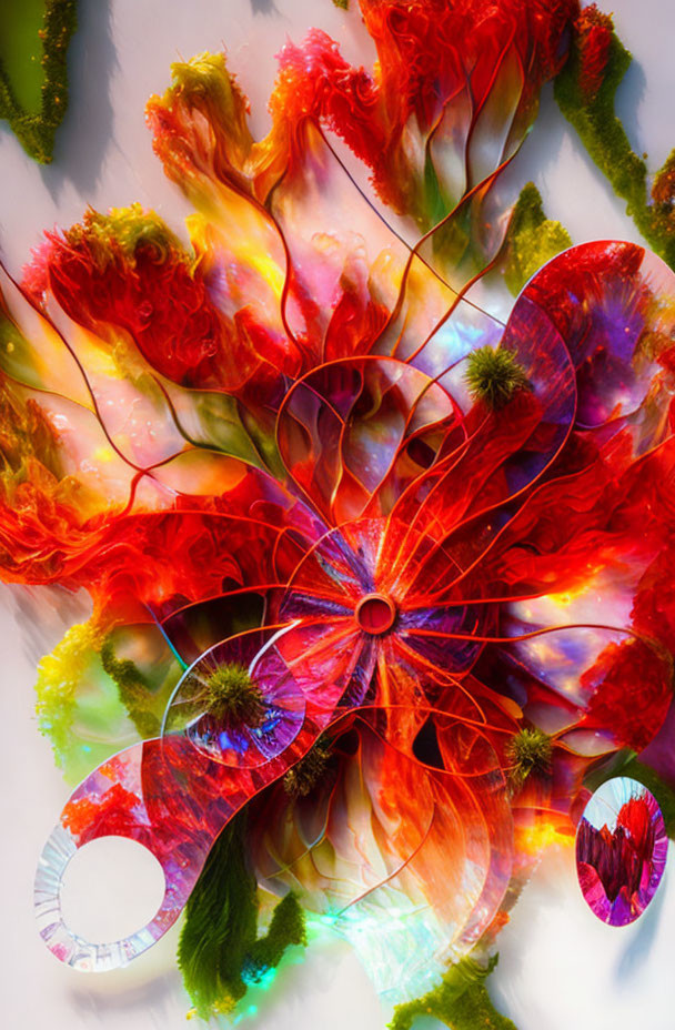 Colorful Abstract Artwork with Fiery Flower Shapes and Circular Patterns