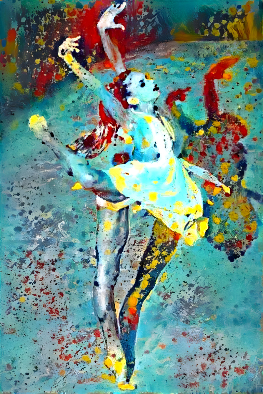 ballerina painting, blue, yellow, red, black