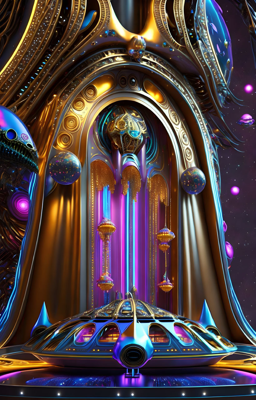 Futuristic hallway with golden details and glowing orbs leading to central structure